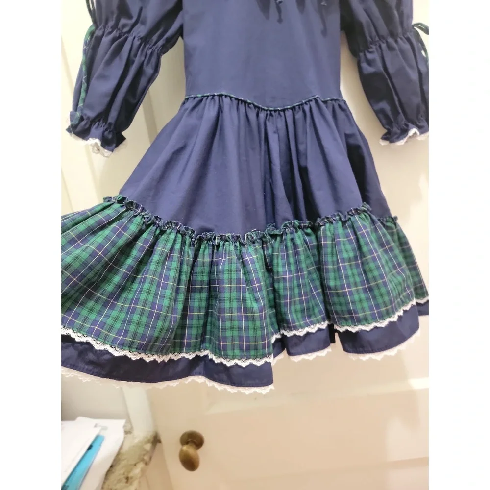 Vintage Mini World Provo Utah Girls 5 Navy Blue Lace Cottagecore Prairie Dress